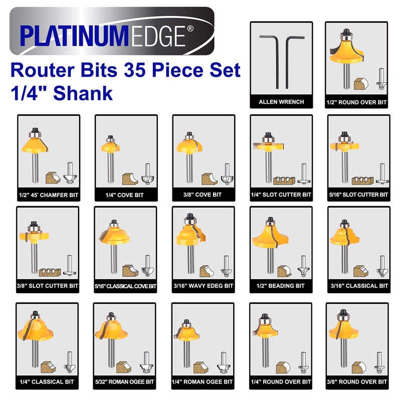 PLATINUMEDGE Router Bits Set, Tungsten Carbide Router Bits Set 1/4 Shank, Router Bit Kit for DIY, Woodworking Project, 35 Piece Set with Premium Aluminum Carry Storage Case - Image 3